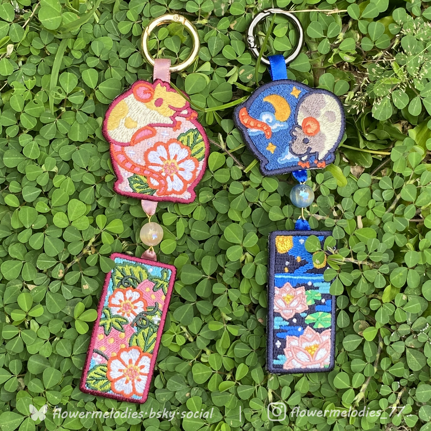 Rat Windchimes Embroidery Keychain - Moon